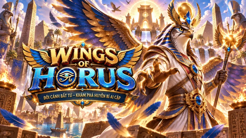 Biểu tượng OK33 WINGS OF HORUS với cánh tượng trưng cho trò chơi slot trực tuyến OK33 WINGS OF HORUS